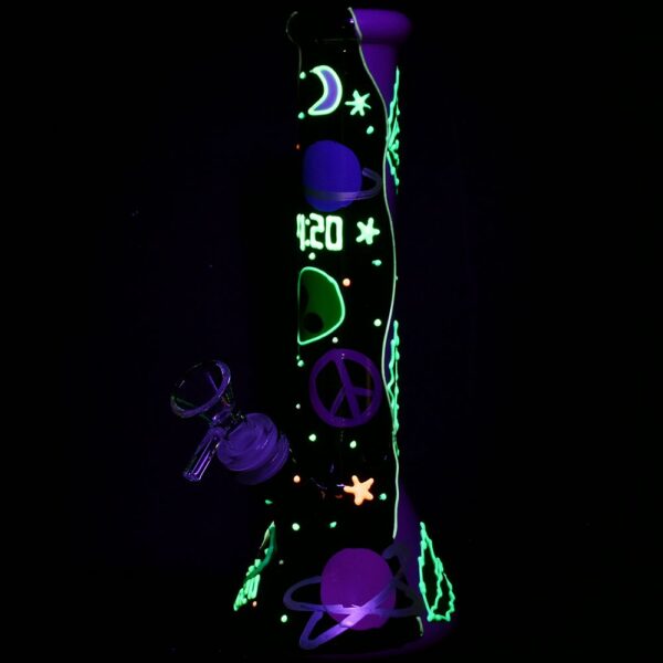 420 Beam Me Up Beaker Glow In The Dark Glass Water Pipe – 9.5″ / 14mm F - Image 2