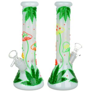 420 Hemp Leaf and Shrooms Glow In The Dark Glass Water Pipe – 9.5″ / 14mm F