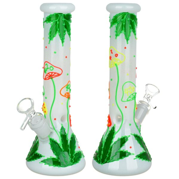 420 Hemp Leaf and Shrooms Glow In The Dark Glass Water Pipe – 9.5″ / 14mm F