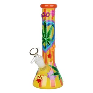 420 Hemp Leaf Glow In The Dark Beaker Glass Water Pipe – 9.25″ / 14mm F