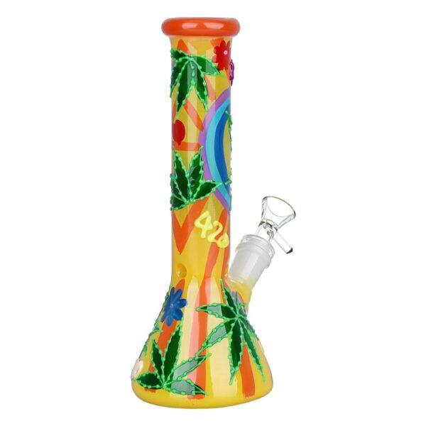 420 Hemp Leaf Glow In The Dark Beaker Glass Water Pipe – 9.25″ / 14mm F - Image 3